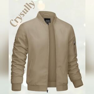 Crysully Jacket Mens Sz S-L Beige Bomber Windbreaker Lightweight Full Zip Casual